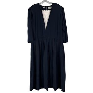 Liz Roberts Vintage Midi Dress Women’s 14 Navy Pleated Lace V Neck Elastic Waist